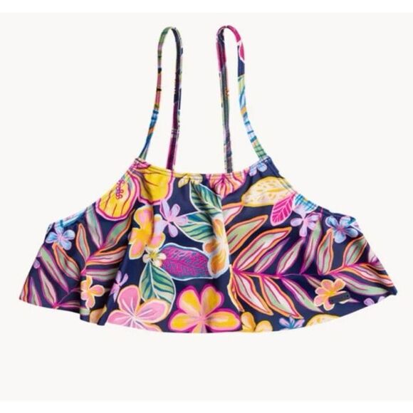 NWT Roxy Girls' Paradise Trip Flutter Floral Swim Top Size 10 Black - Picture 1 of 9
